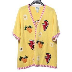 NWOT QUACKER FACTORY Vintage Fruit Paradise Knit Cardigan 2X